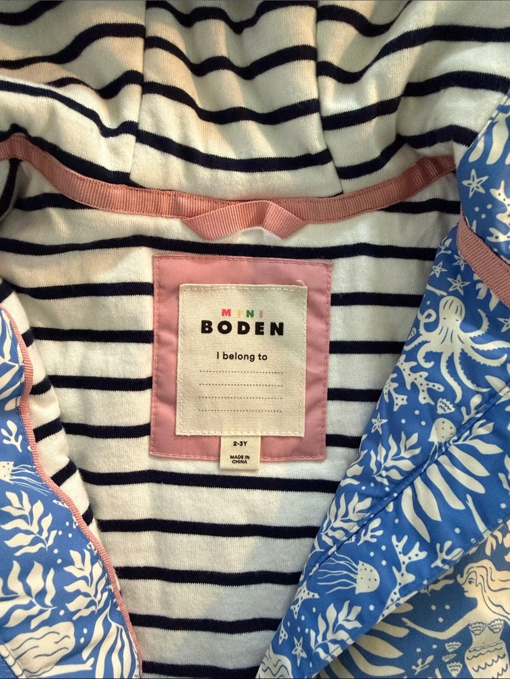 Mini BODEN Blue White Kids Hooded Jacket with Red Trim
